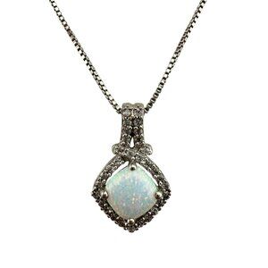 Simulated Opal Pendant Necklace With Cubic Zirconia Accents Silver Tone BR SUN C